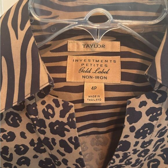 Investments Black and Brown Leopard  3/4 Sleeve Notched Collar Button Down Shirt - Picture 5 of 6
